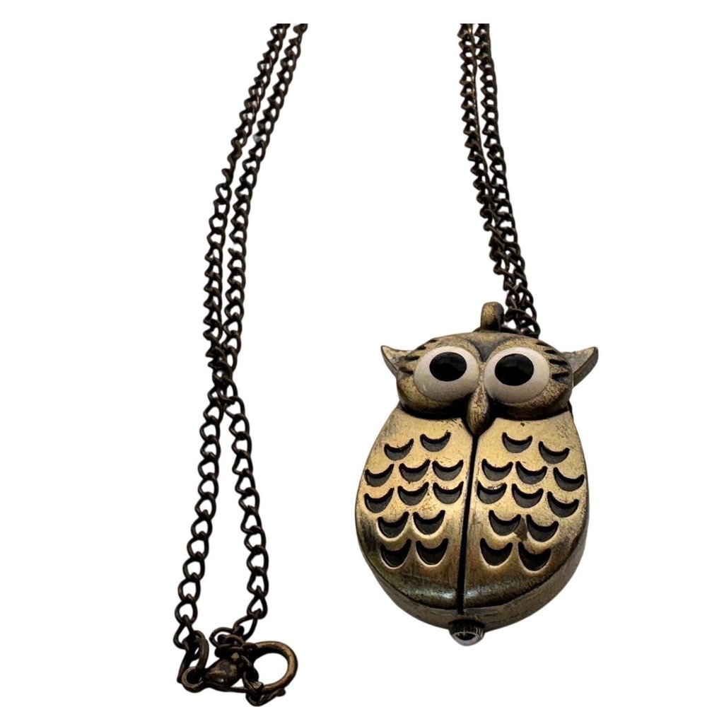 Vtg Owl Pendant Watch Necklace Bronze Steampunk Hidden Analog working clock - Picture 3 of 7
